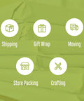 Quality Newsprint Packing Paper Sheets For Moving And Shipping Includes 320 Versatile Wrapping Sheets Measuring 17 By 27 Inches With 10 Pounds Of Legit Sturdy Protective Supplies For Your Smooth Sailing Move Must Haves with icons depicting uses such as shipping, gift wrap, and crafting.
