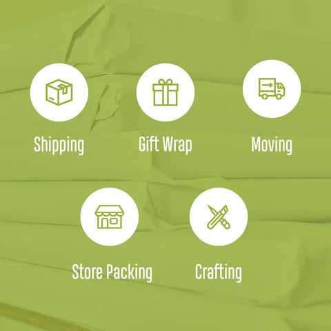 Quality Newsprint Packing Paper Sheets For Moving And Shipping Includes 320 Versatile Wrapping Sheets Measuring 17 By 27 Inches With 10 Pounds Of Legit Sturdy Protective Supplies For Your Smooth Sailing Move Must Haves with icons depicting uses such as shipping, gift wrap, and crafting.