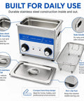 3L Ultrasonic Cleaner With Heater 40kHz Pro Jewelry Cleaner stainless steel design, side handles, fitted lid, and basket