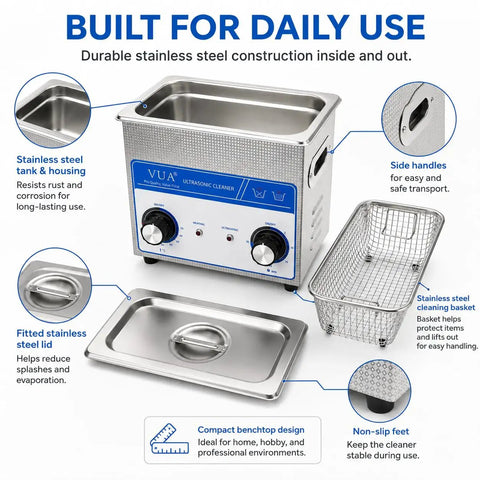 3L Ultrasonic Cleaner With Heater 40kHz Pro Jewelry Cleaner stainless steel design, side handles, fitted lid, and basket