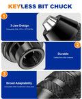 Diagram showing features of 15 Piece Chuck Collet Set For Rotary Tools And Mini Drills, All In One No-Fuss Keyless Quick Change Chuck.