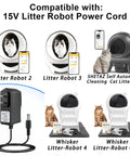 15V Litter Robot Power Cord Adapter shown with Litter Robots 2, 3, 4 and SHETAZ Cleaning Cat Box for portable use.