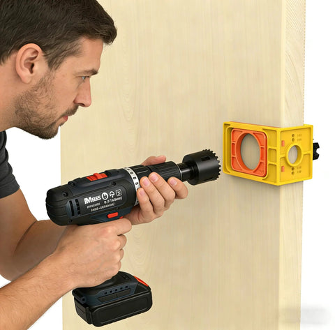DIY Friendly Heavy Duty Wood Door Lock Installation Kit With C Clamp Jig Guide Template And Carbon Steel Hole Saw Set in use