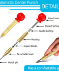 Two Pack Automatic Center Punch 5 Inch Brass Spring Loaded Hammerless Tool With Comfy Palm Wrap illustration showing components and grip.