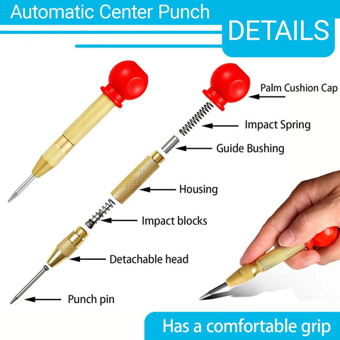 Two Pack Automatic Center Punch 5 Inch Brass Spring Loaded Hammerless Tool With Comfy Palm Wrap illustration showing components and grip.