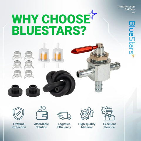 1-633347 Cut Off Fuel Valve With In Line Filter Kit Two Way One Quarter Inch Barbs Heavy Duty Steel Petcock and components