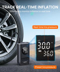 Cordless Tire Inflator With 150 PSI Auto Shut Off Pressure Gauge And LED Light Portable Air Pump displaying tire pressure