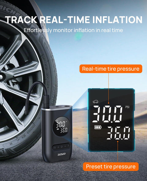 Cordless Tire Inflator With 150 PSI Auto Shut Off Pressure Gauge And LED Light Portable Air Pump displaying tire pressure