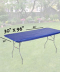Elastic Fitted 8 Foot Rectangle Plastic Table Covers Set Of 10 30 By 96 Inches Royal Blue Lightweight Yet Durable Wind Resistant Party Table Liners With Self Adhesive Edges For Quick No Fuss Easy Setup covering a table in a garden setting
