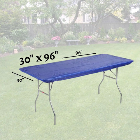 Elastic Fitted 8 Foot Rectangle Plastic Table Covers Set Of 10 30 By 96 Inches Royal Blue Lightweight Yet Durable Wind Resistant Party Table Liners With Self Adhesive Edges For Quick No Fuss Easy Setup covering a table in a garden setting