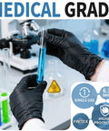 Superior Black Nitrile Gloves 6.3 Mil Thick Rip Resistant Build With Sweet Snug Fit And Killer Grip Solid Choice For Nurses Mechanics Or Household Use Fast Dry Coating Makes Them Easy To Pop On, lab use with blue liquid in a test tube.