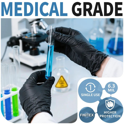 Superior Black Nitrile Gloves 6.3 Mil Thick Rip Resistant Build With Sweet Snug Fit And Killer Grip Solid Choice For Nurses Mechanics Or Household Use Fast Dry Coating Makes Them Easy To Pop On, lab use with blue liquid in a test tube.