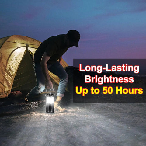 Man using Camping Lantern 4 Pack Battery Powered Flashlight For Power Outages And Outdoor Use beside tent at night