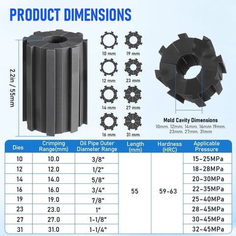 Mold dimensions for Industrial Grade Pneumatic Hydraulic Hose Crimping Machine With Air Over Oil Technology showing sizes from 10mm to 31mm.