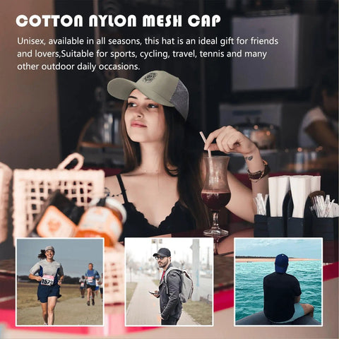 Woman wearing cotton nylon mesh cap, sitting at a table with drink, showcasing casual outdoor style