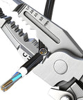 Close-up of Premium Rigid Solid Steel Wire Stripper Tool With Built In Voltage Tester, measuring wire size markings on pliers.