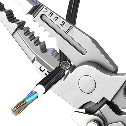 Close-up of Premium Rigid Solid Steel Wire Stripper Tool With Built In Voltage Tester, measuring wire size markings on pliers.