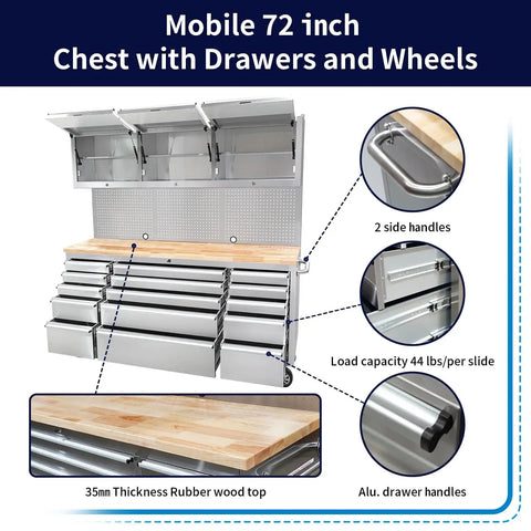 72 Inch Rolling Tool Chest With 15 Drawers And 3 Upper Cabinets Stainless Steel Pegboard Workbench Large Working Surface