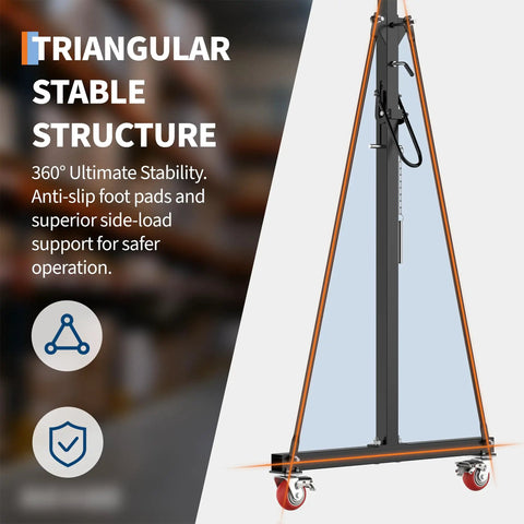 Side view of Built To Last Heavy Duty Adjustable Gantry Crane 1 Ton Lift Up To 2200 Lbs With Manual Trolley Hook and Sling Strap