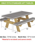 Buffalo Plaid Picnic Table Cover Set With Bench Covers For 6 Foot Tables Waterproof Elastic Fitted Tablecloth Outdoor Ready Washable Black And White.