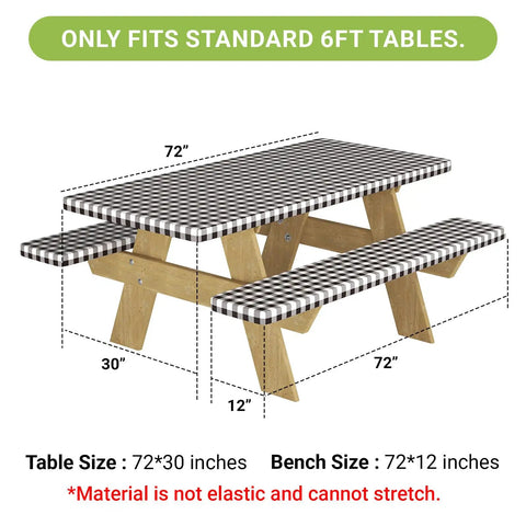 Buffalo Plaid Picnic Table Cover Set With Bench Covers For 6 Foot Tables Waterproof Elastic Fitted Tablecloth Outdoor Ready Washable Black And White.