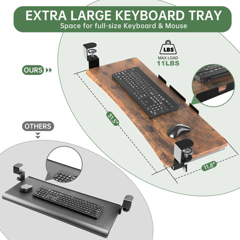 Extra Large Under Desk Keyboard Tray With Slide Out Design, Sturdy C Clip Mount System, 31.5 Inch Wide Surface And 11.8 Inch Pull Out Drawer