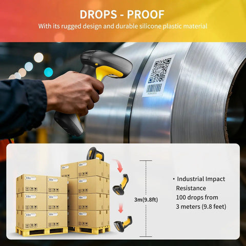 Industrial Bluetooth Barcode Scanner With Charging Dock shown scanning a QR code on a metal cylinder, drop-resistant, rugged design