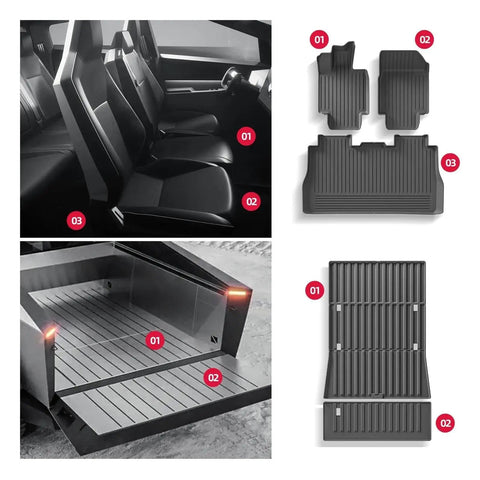 Heavy Duty TPE Floor And Cargo Mats For Pickup Trucks Non Slip Precision Fit for rear seats and cargo area with textured surface.