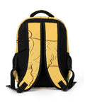 Back view of Vintage Bull Line Drawing Printed Unisex Backpack showing comfy straps, sturdy zipper, and breathable polyester for school and travel.