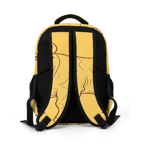 Back view of Vintage Bull Line Drawing Printed Unisex Backpack showing comfy straps, sturdy zipper, and breathable polyester for school and travel.