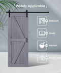 Grey Wood Barn Door Slab 30 Inch By 84 Inch With Included 60 Inch Barn Door Hardware Track Kit Double Surfaces Simple Assembly Required K Frame Rustic Modern Style For Home Or Office, shown installed