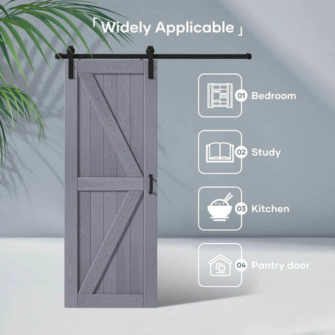 Grey Wood Barn Door Slab 30 Inch By 84 Inch With Included 60 Inch Barn Door Hardware Track Kit Double Surfaces Simple Assembly Required K Frame Rustic Modern Style For Home Or Office, shown installed