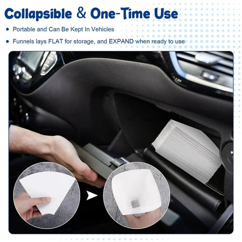 50 Pack Disposable Paper Oil Funnels, 10 Oz Capacity stored in car, showing collapsible and one-time use feature