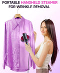 Woman using 2 In 1 Travel Steamer And Iron For Clothes With 15 Second Heat Up And 1200W Power on a purple shirt