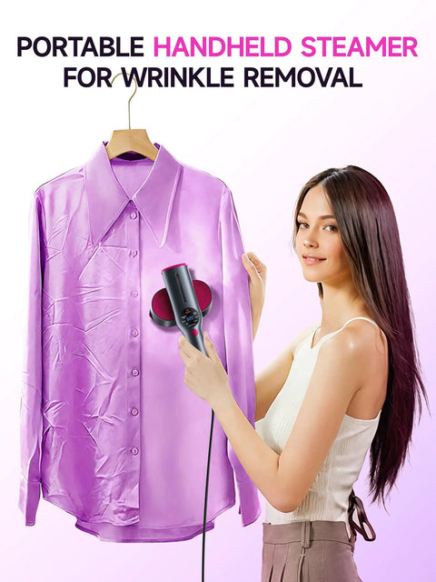 Woman using 2 In 1 Travel Steamer And Iron For Clothes With 15 Second Heat Up And 1200W Power on a purple shirt