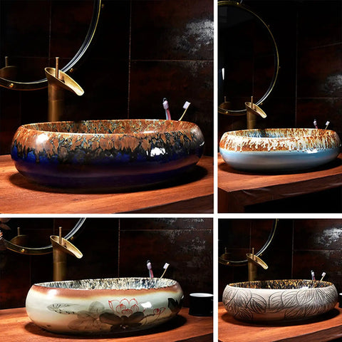 Vintage Handpainted Ceramic Vessel Sink For Bathroom Vanity Countertop Featuring Tough Glazed Finish And Super Slick Cleanup In Rad Ink Green No Overflow Basin For A Total Room Makeover, showcasing different angles.