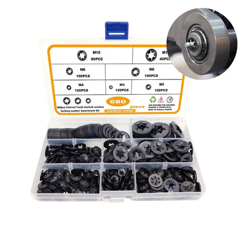 Internal Tooth Lock Washers Kit In 65Mn Steel with labeled sections, washers, and inset detail of use in machinery.