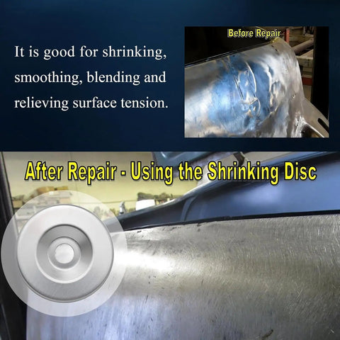 4.5 Inch Shrinking Disc For Angle Grinder Pro Grade 5/8 Inch 11 Spindle Fits 4-1/2 Inch Tool shown in use for auto body repair.