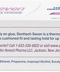 Side view of Denttach Seven box detailing ingredients and company info for Thermoplastic Denture Adhesive That Doubles As Cushion And Reliner For All Day Hold Up To 7 Days No Slip Grip For Upper And Lower Dentures Zinc Free Comfortable Fit