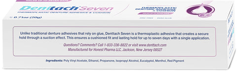 Side view of Denttach Seven box detailing ingredients and company info for Thermoplastic Denture Adhesive That Doubles As Cushion And Reliner For All Day Hold Up To 7 Days No Slip Grip For Upper And Lower Dentures Zinc Free Comfortable Fit