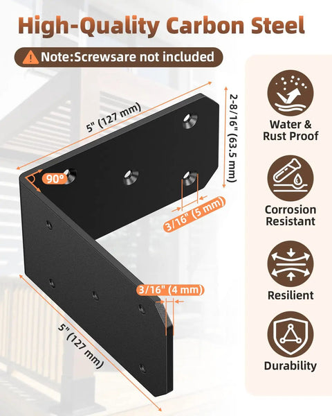 Heavy Duty L Brackets 4 Pack Beefy Carbon Steel Corner Braces 300 Pound Capacity 90 Degree Angle Supports For Wood Shelves Pergola Deck Fence And Furniture Black Powder Coated diagram
