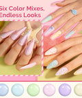 Hand with pastel nails from Six Macaron Color Gel Nail Polishes Set With 0.56 Fl Oz Tilt Stand Bottles Dope Pigment, Highly Pigmented HEMA Free Plant Based Formula Soak Off UV LED Manicure Kit Gift Box Pastel Pink Blue Purple For Spring Summer Nails