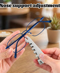 Person adjusting blue eyeglasses with Eyeglass Adjustment Tools Kit For Pro Grade Eyewear Repair With Complete Set For Lens Tightening.