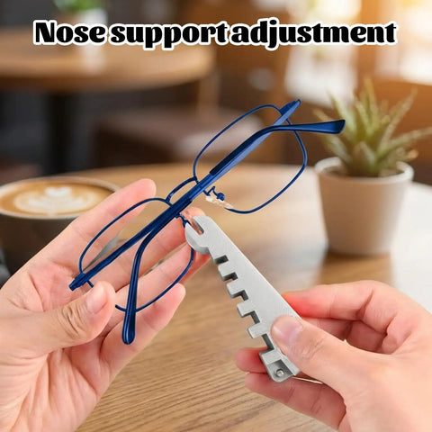 Person adjusting blue eyeglasses with Eyeglass Adjustment Tools Kit For Pro Grade Eyewear Repair With Complete Set For Lens Tightening.