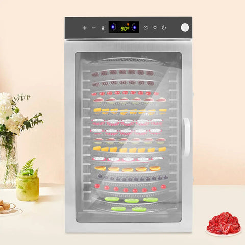 Heavy Duty Commercial Food Dehydrator With 16 Stainless Steel Trays, showing food items inside and digital control panel.