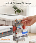 Hella Spacious Four Tier Medicine Cabinet Organizer Stands Extra Tall For Knockout Bottle Storage And Keeps Pills Neatly Organized In Any Bathroom Setup With Multi Level Shelving, showing secure latches and reinforced rib.