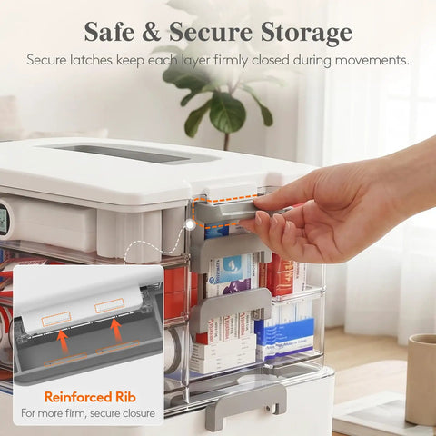 Hella Spacious Four Tier Medicine Cabinet Organizer Stands Extra Tall For Knockout Bottle Storage And Keeps Pills Neatly Organized In Any Bathroom Setup With Multi Level Shelving, showing secure latches and reinforced rib.
