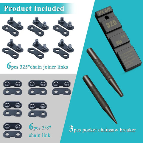 Pro Grade Chainsaw Chain Breaker Kit with 12 Repair Straps, Master Link Punch and Joiner for 3/8 and 0.325 Inch Chains