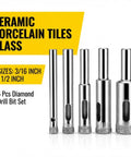 Diamond Drill Bit Set For Glass Tile And Porcelain Five Piece Kit From Three Sixteenths Inch To One Half Inch Pro Grade Smooth Cutting And Reduced Chipping Built For Home DIY Projects And Ceramic Pots And Quick Crack Free Holes - five silver diamond drill bits in various sizes displayed upright on white background.