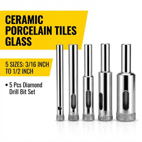Diamond Drill Bit Set For Glass Tile And Porcelain Five Piece Kit From Three Sixteenths Inch To One Half Inch Pro Grade Smooth Cutting And Reduced Chipping Built For Home DIY Projects And Ceramic Pots And Quick Crack Free Holes - five silver diamond drill bits in various sizes displayed upright on white background.
